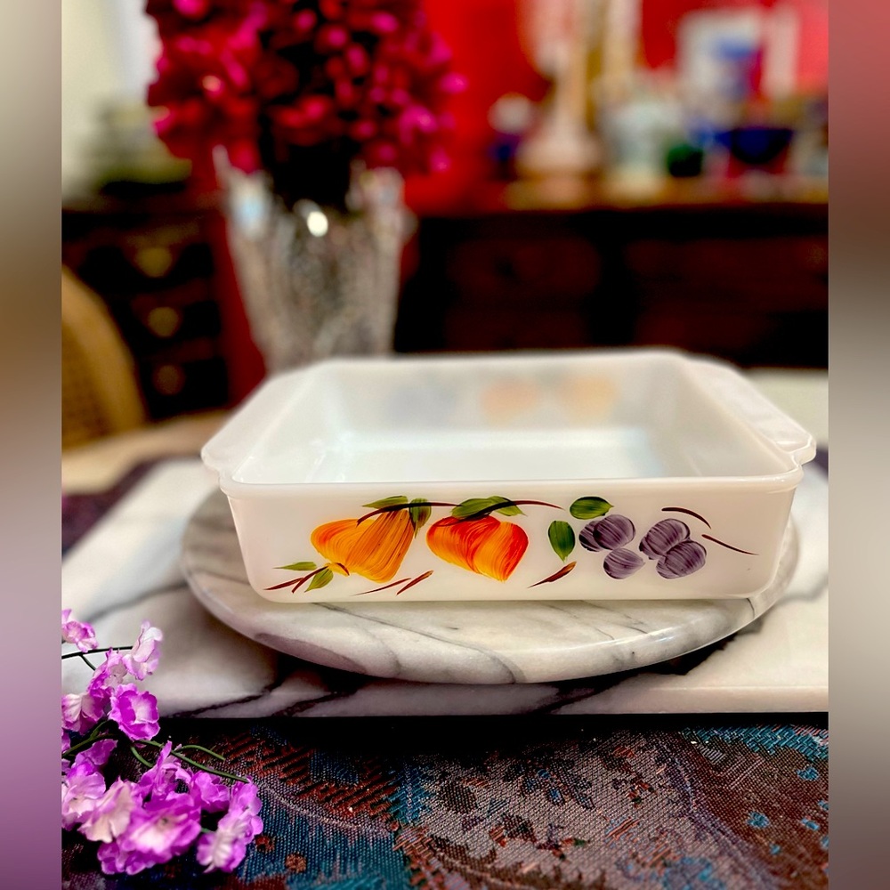 Anchor Hocking Fire King Gay Fad Fruit Milk Glass 8” Sq. Baking Dish w handles